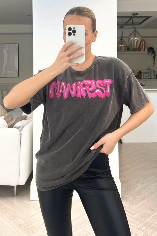 manifest grey & pink acid wash printed tee