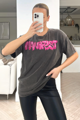 manifest grey & pink acid wash printed tee