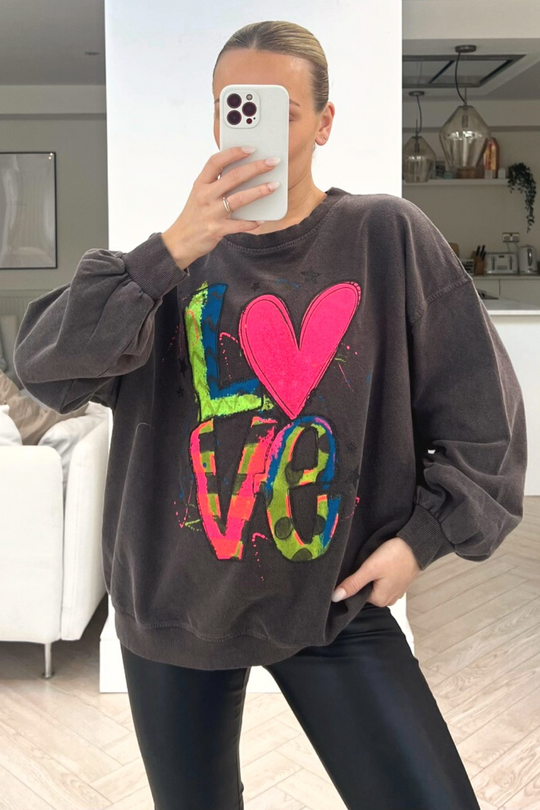 LOVE paint splash grey acid wash round neck sweater