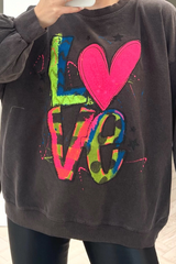 LOVE paint splash grey acid wash round neck sweater