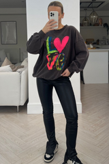 LOVE paint splash grey acid wash round neck sweater