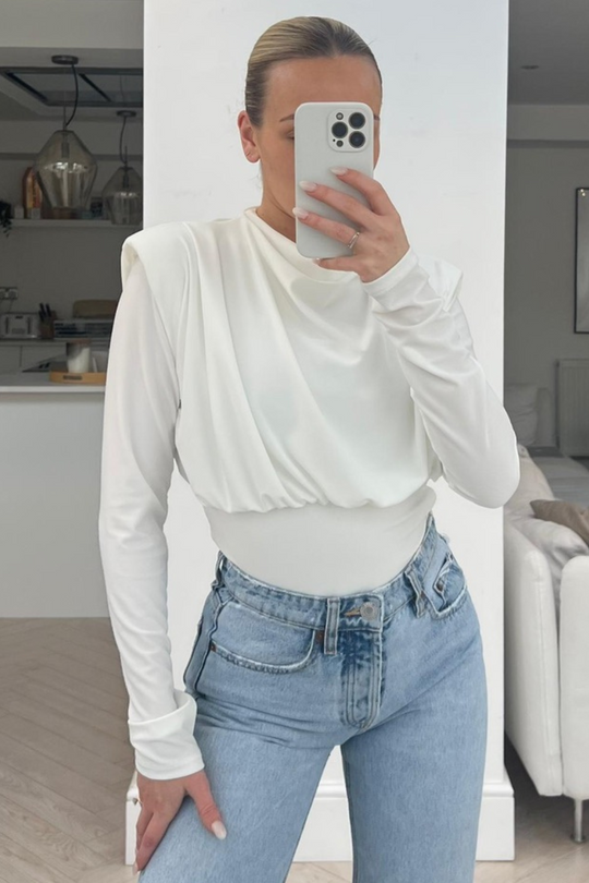 Louisa white long sleeve drape front top