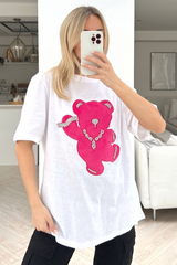 Teddy white & pink diamante oversized tee