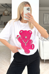 Teddy white & pink diamante oversized tee