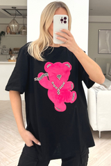 Teddy black & pink diamante oversized tee