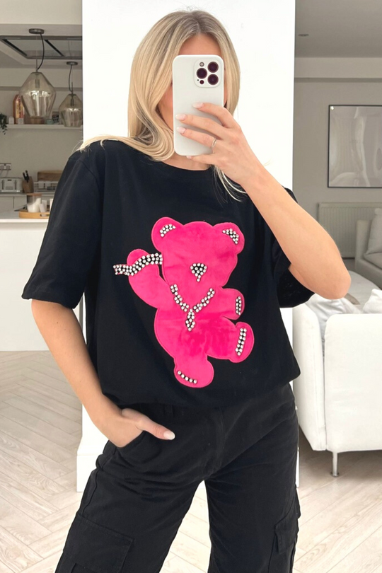 Teddy black & pink diamante oversized tee