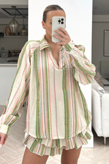 Cici beige striped two piece frill short coord