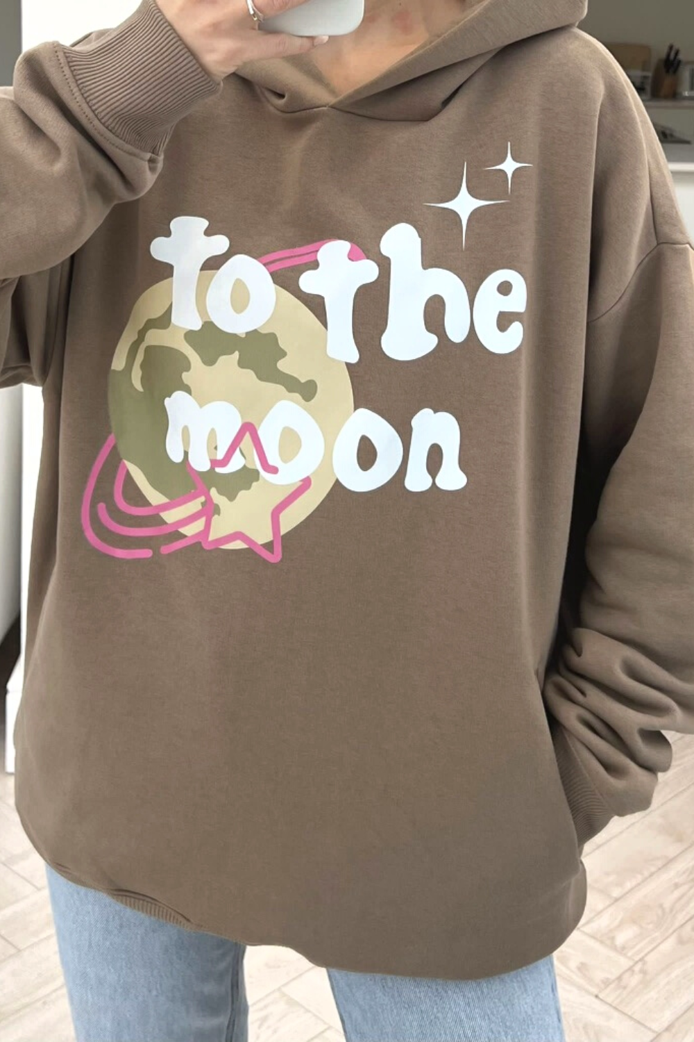 To the moon premium beige printed hoodie