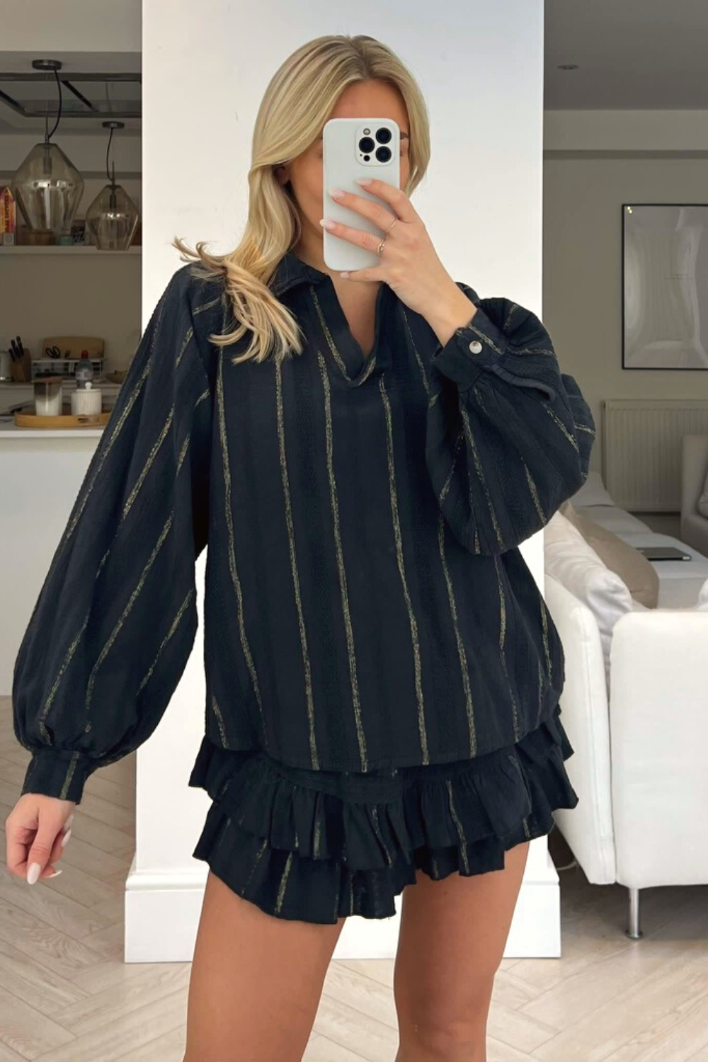 Zuri black two piece frill short coord Glamify Famous For Loungewear