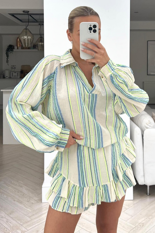 Cici blue & white striped two piece frill short coord