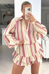 Cici fuchsia & beige striped two piece frill short coord