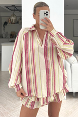 Cici fuchsia & beige striped two piece frill short coord