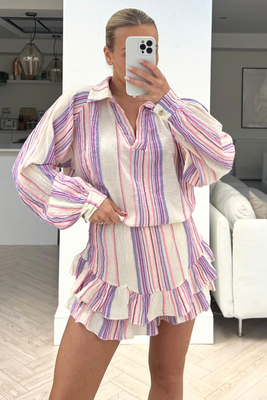 Cici lilac & white striped two piece frill short coord