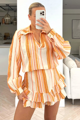 Cici orange & beige striped two piece frill short coord
