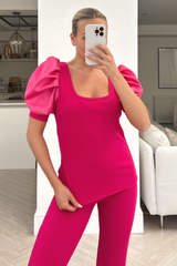 Miley pink puff shoulder lightweight ribbed loungewear set