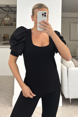 Miley black puff shoulder lightweight ribbed loungewear set
