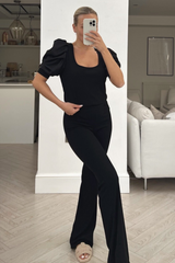Miley black puff shoulder lightweight ribbed loungewear set