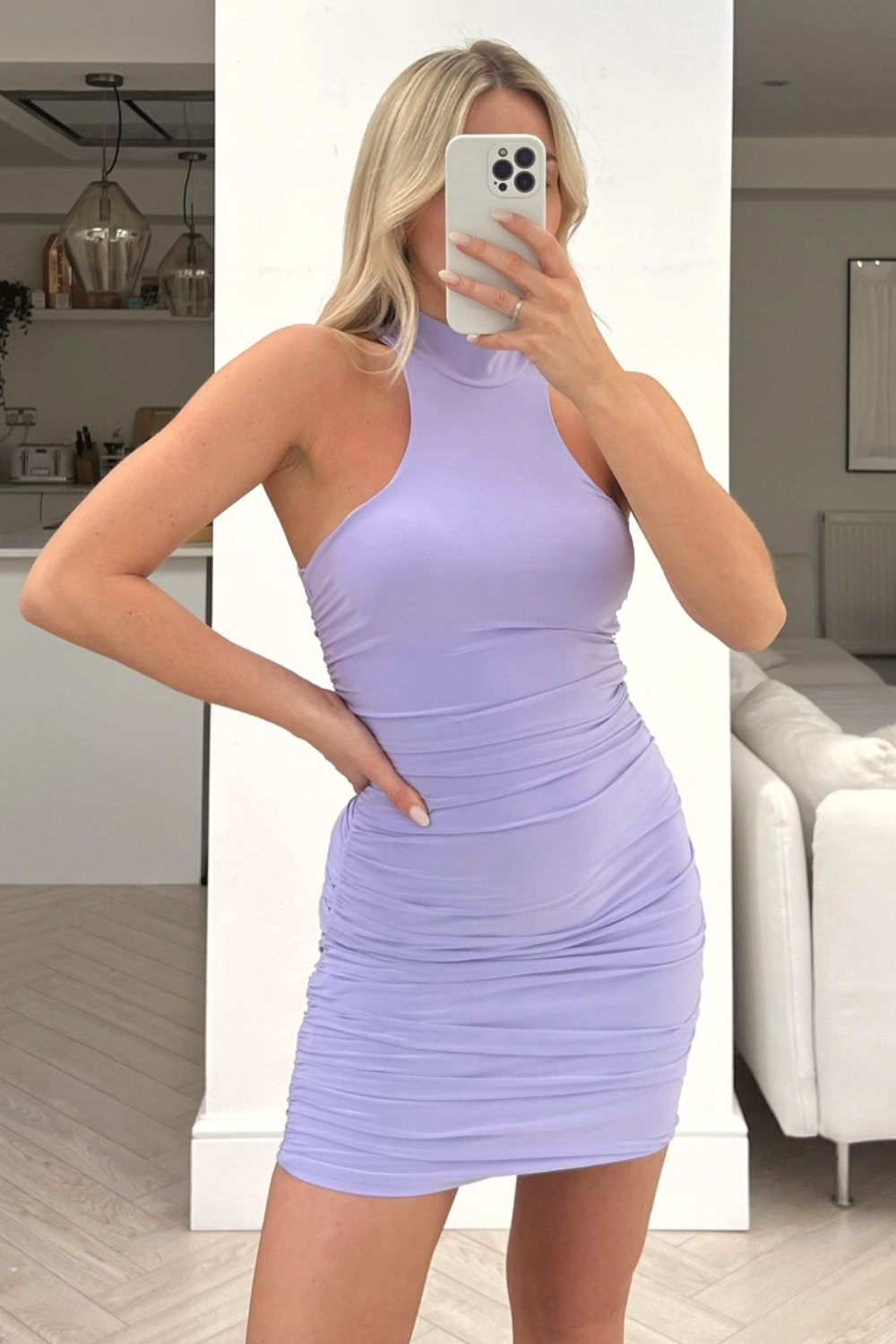 Maria lilac high neck ruched mini dress