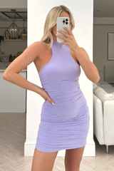 Maria lilac high neck ruched mini dress