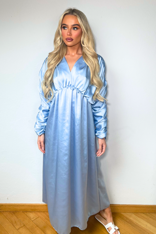 Leilani blue plunge neck ruched dress