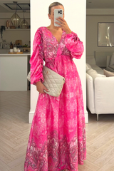 Petra pink printed plunge neck ruched dress