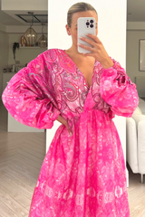 Petra pink printed plunge neck ruched dress