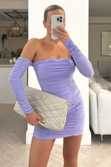 Mimi lilac ruched off shoulder sleeve mini dress