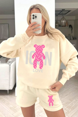 icon teddy ecru & pink printed sweater short loungewear set