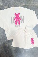 icon teddy ecru & pink printed sweater short loungewear set
