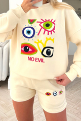 No evil ecru Printed sweater short loungewear set