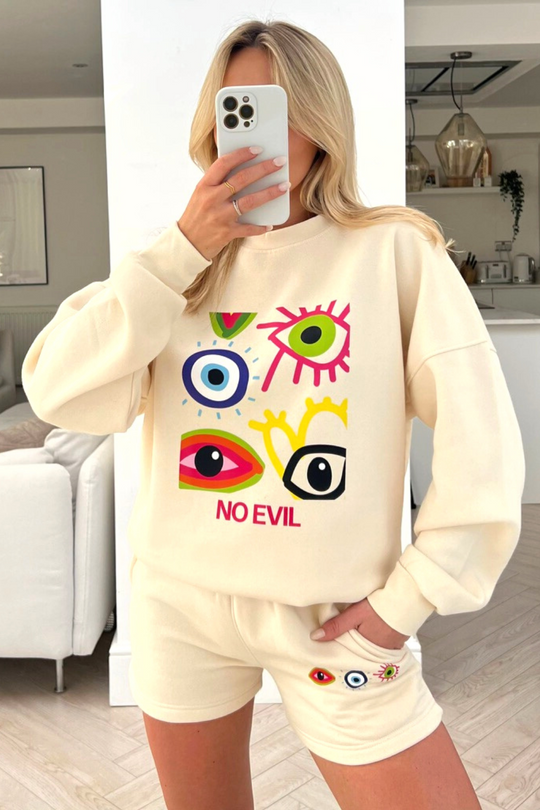 No evil ecru Printed sweater short loungewear set