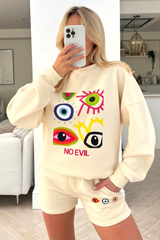 No evil ecru Printed sweater short loungewear set