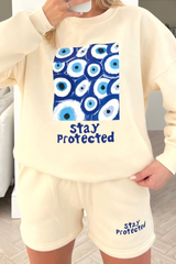 Stay Protected Ecru Printed sweater short loungewear set