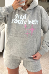 Glad your'e here grey printed hoodie short loungewear set