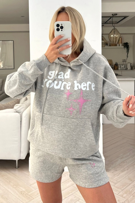 Glad your'e here grey printed hoodie short loungewear set