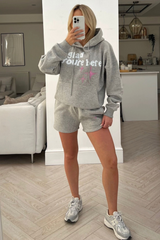 Glad your'e here grey printed hoodie short loungewear set