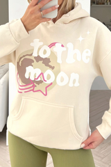 To the moon ecru printed drawstring hoodie