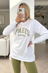 paris madame white & khaki long sleeve embroidered tee & legging coord