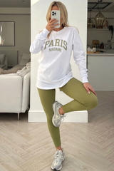 paris madame white & khaki long sleeve embroidered tee & legging coord