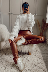 Polly Rust High Waisted Split Hem Pu Trousers