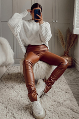 Polly Rust High Waisted Split Hem Pu Trousers