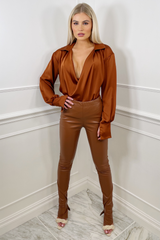 Polly Rust High Waisted Split Hem Pu Trousers