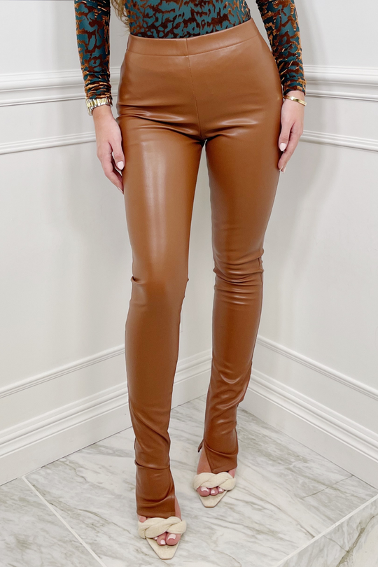 Polly Rust High Waisted Split Hem Pu Trousers