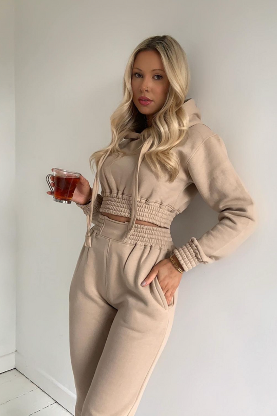 Alaska beige cropped hooded loungewear set
