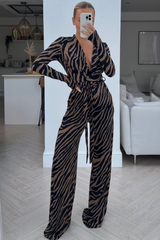 Scarlett Zebra Brown & Black Long Sleeved Flared Leg jumpsuit