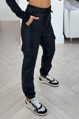 Lilly black cuffed pu cargo trousers