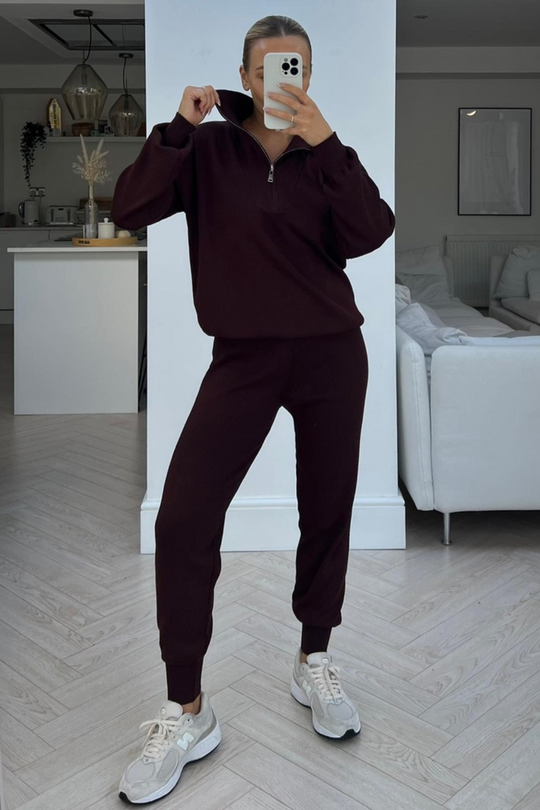 Bella chocolate long sleeve 1/4 zip neck loungewear set
