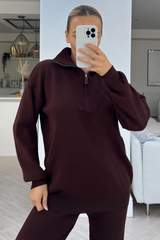 Bella chocolate long sleeve 1/4 zip neck loungewear set