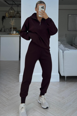 Bella chocolate long sleeve 1/4 zip neck loungewear set