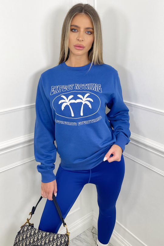 expect nothing royal blue embroidered sweatshirt